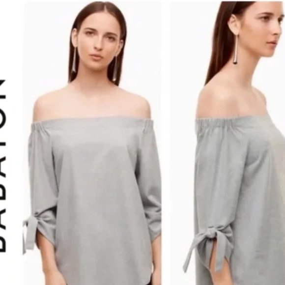 Aritzia Babaton Tops - Aritzia Babaton Malik Off Shoulder Tie Sleeve Blouse in Light Grey